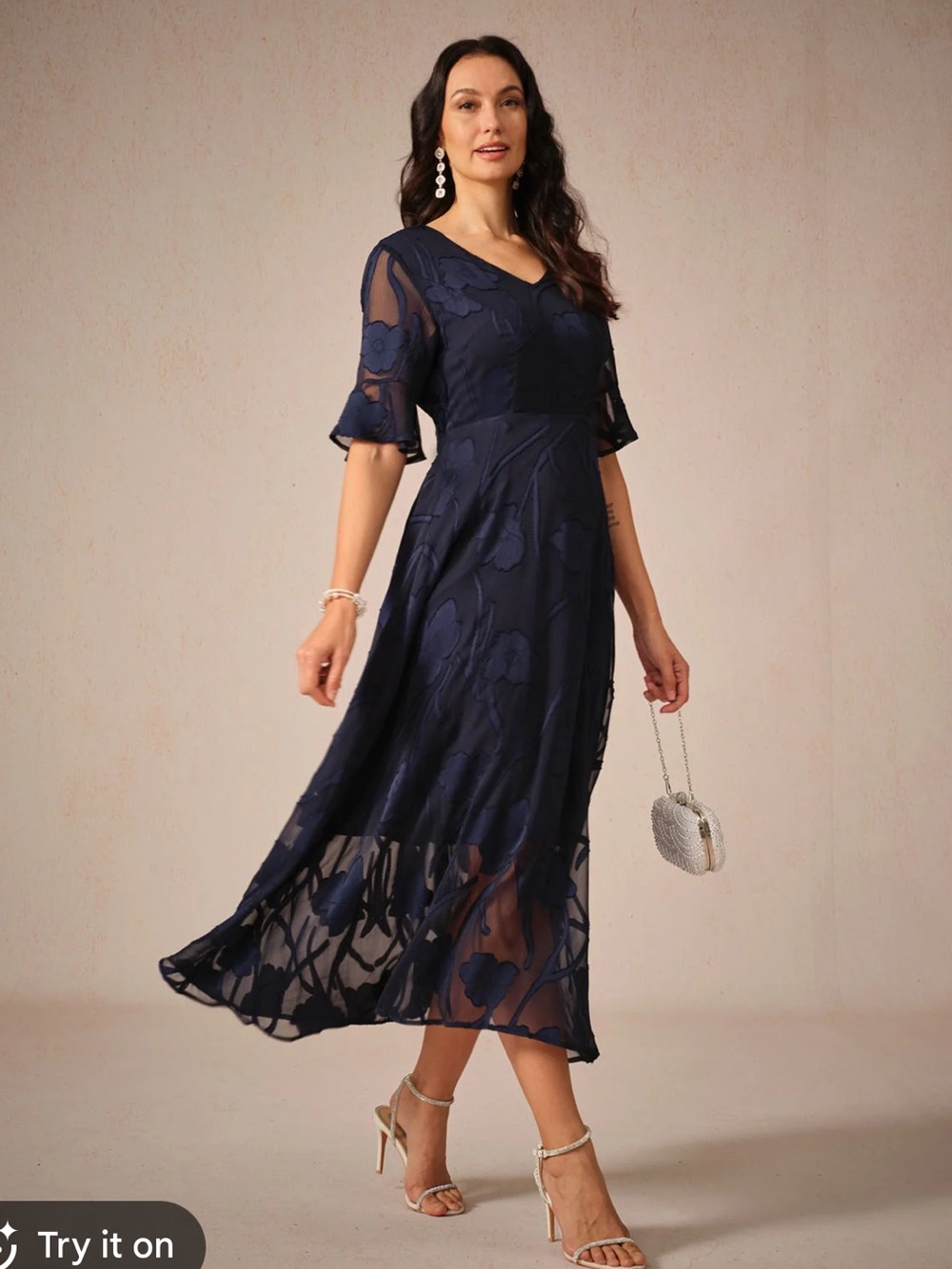 Elegant Navy Floral Midi Dress - Women's V-Neck Dress